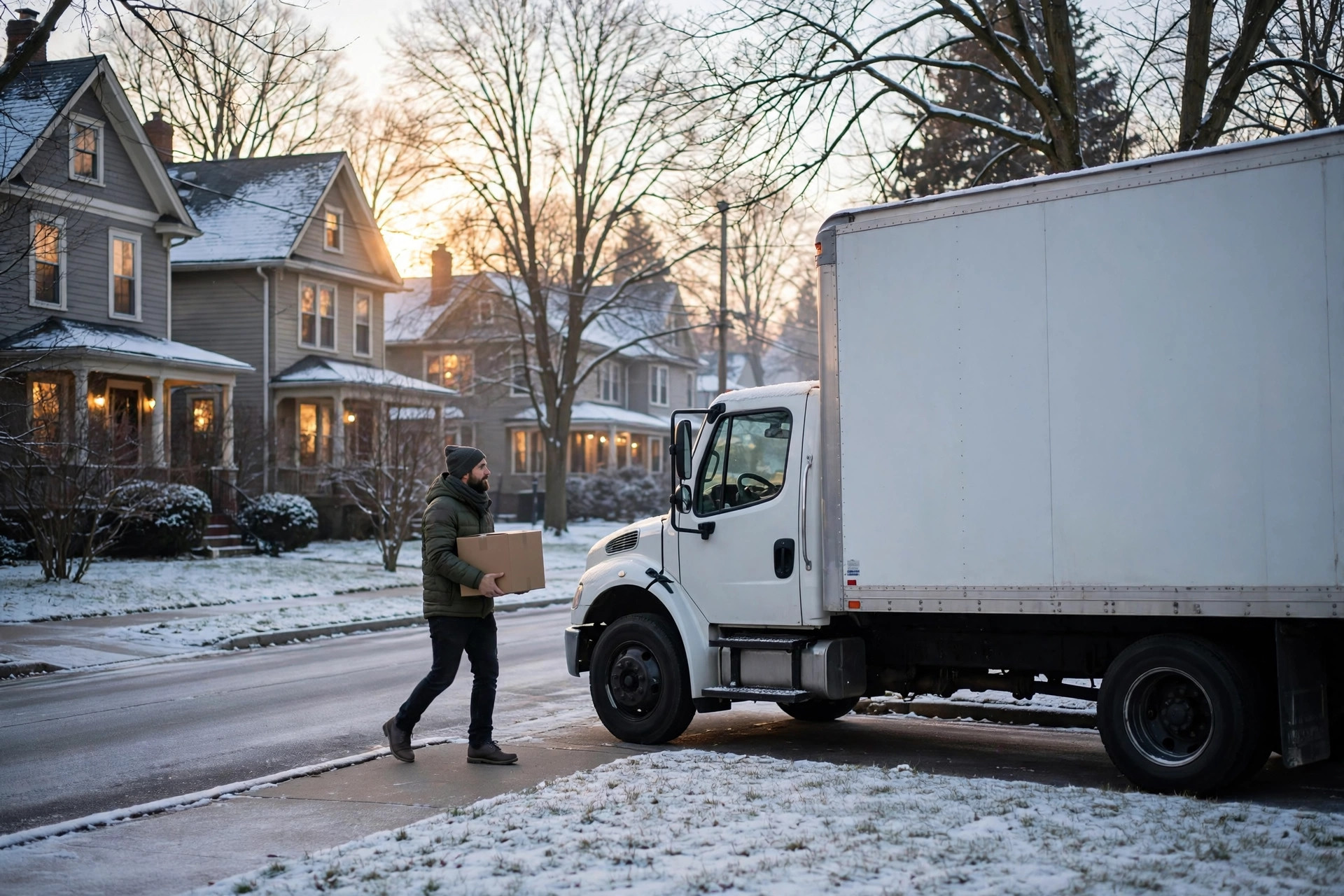 A person in a winter coat carrying a cardboard box toward a moving truck on a snow-dusted residential street