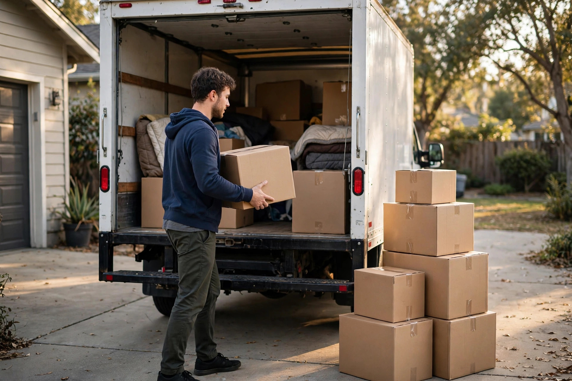 Person loading a rental truck next to stacked moving boxes