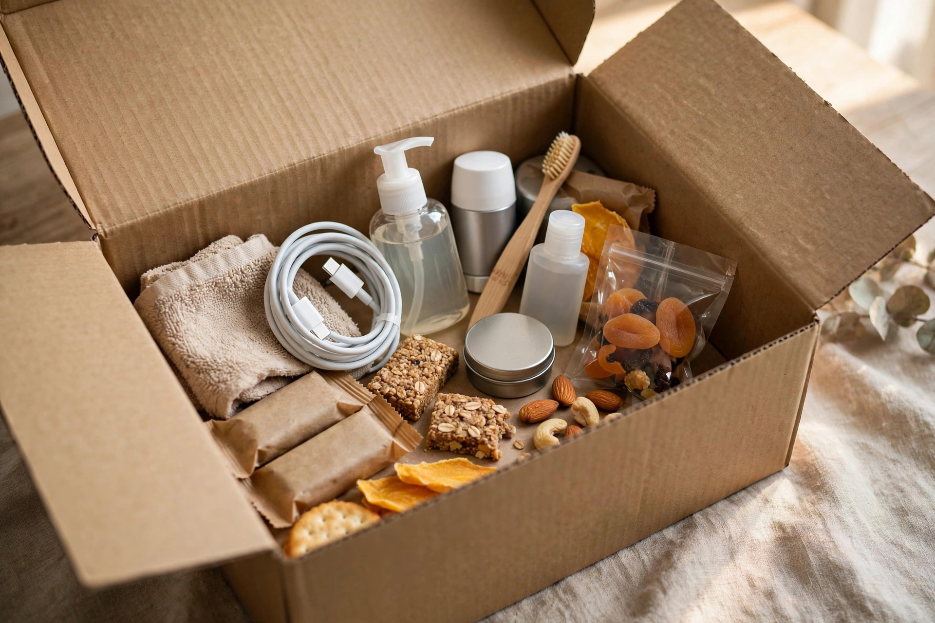 An open essentials box with toiletries, a phone charger, and snacks