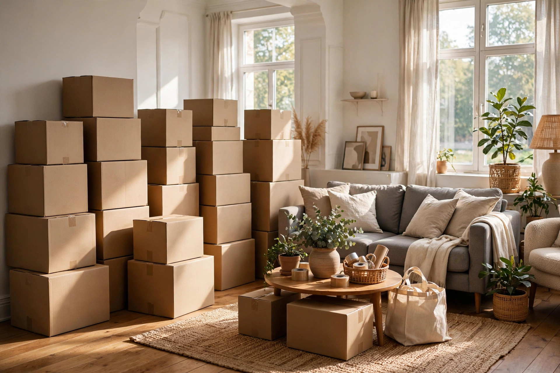 A sunlit living room with labeled moving boxes stacked and ready