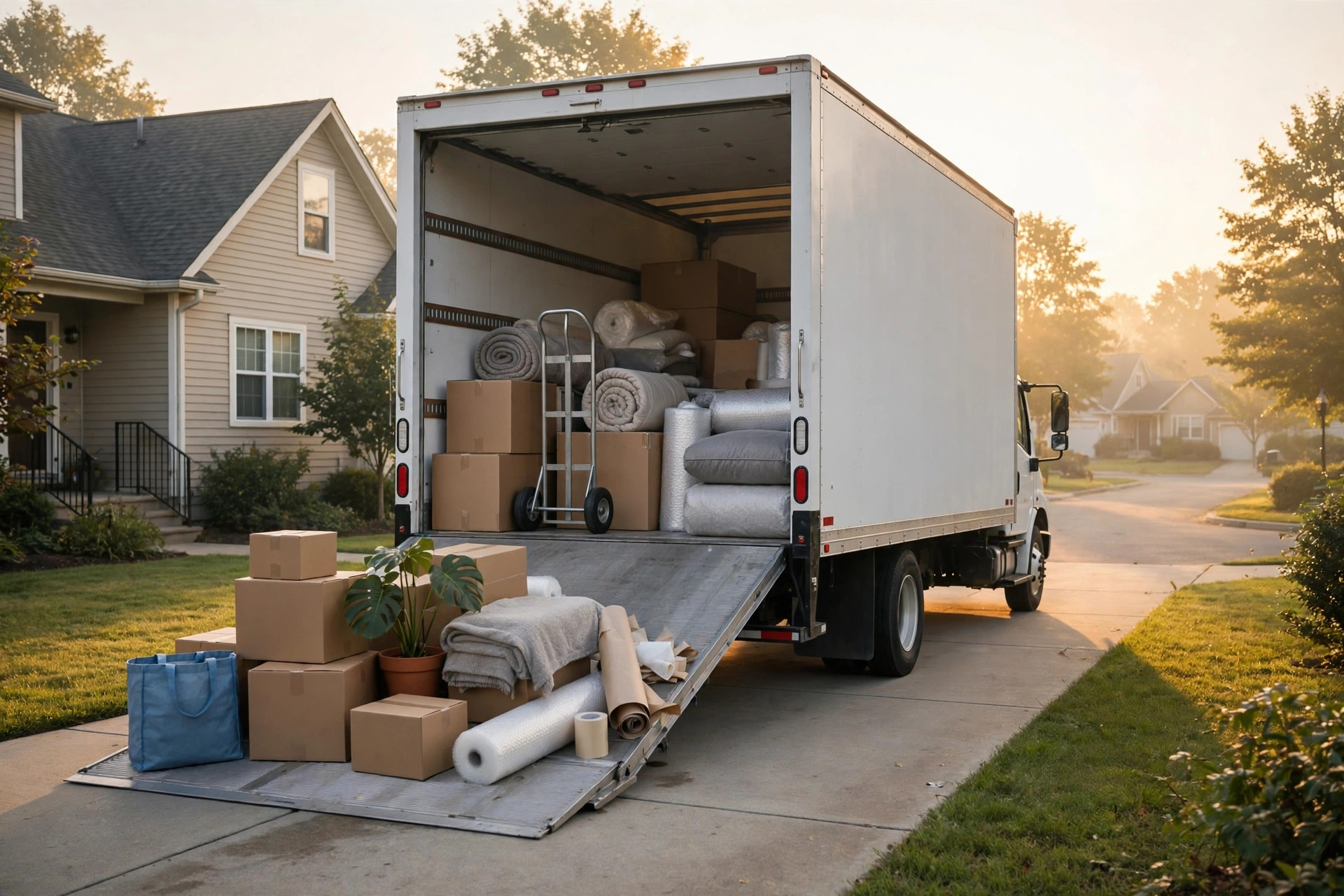 A moving truck in a driveway at sunrise on moving day