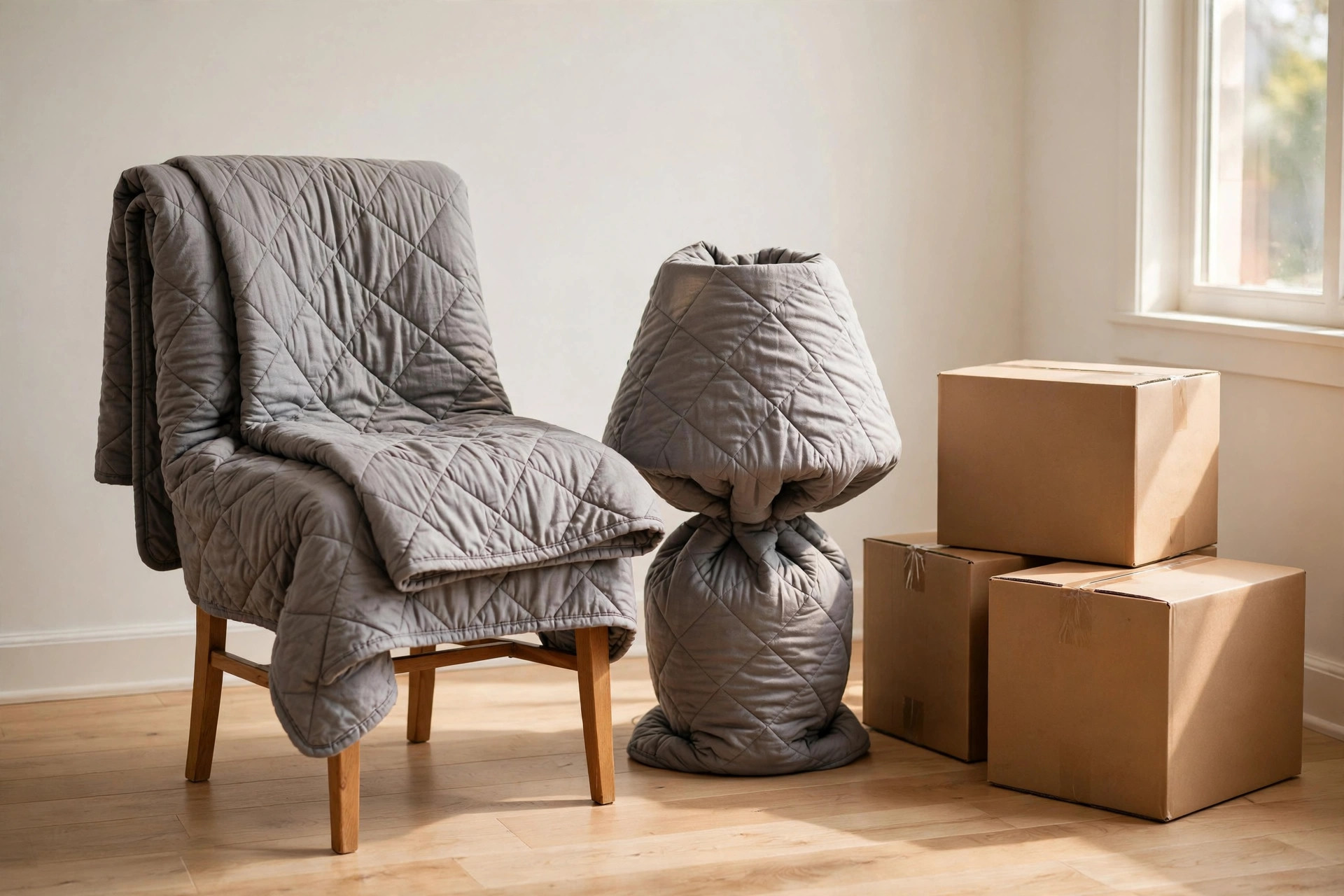 A chair and a lamp wrapped in grey quilted moving blankets beside sealed cardboard boxes in a bright room