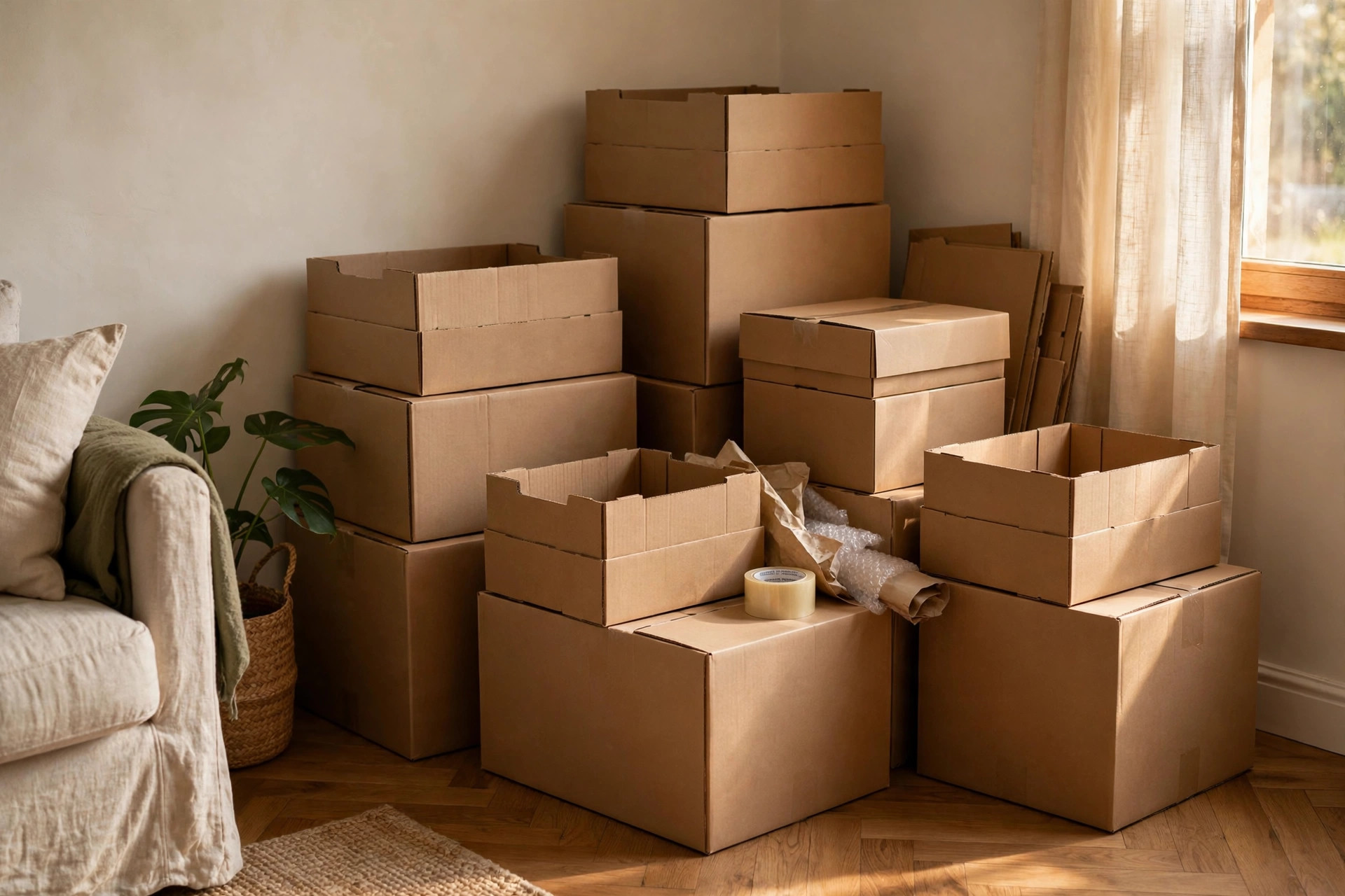 Sturdy free boxes collected from a grocery store, ready for packing