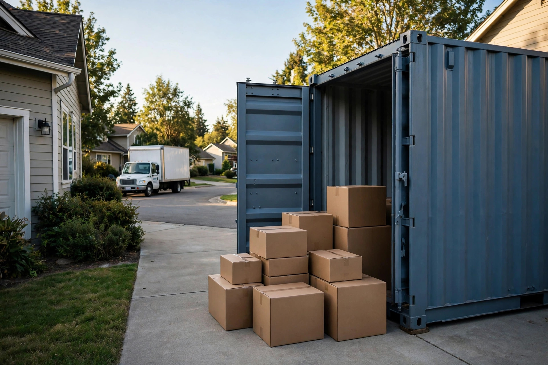 A steel moving container in a driveway with stacked cardboard boxes, a rental truck on the street behind